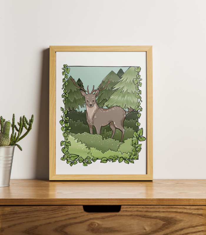 Impression cerf dans la foret print affiche A6 A4 A3